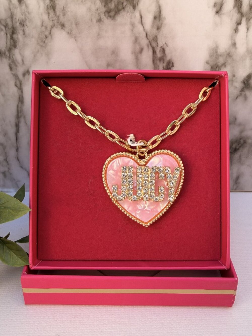 Juicy Couture Heart Necklace Pink Rhinestone JUICY Pendant Gift Box